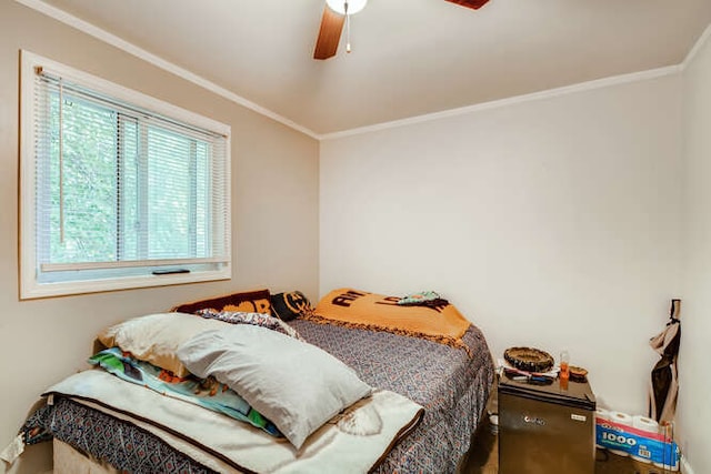 bedroom featuring multiple windows, ceiling fan, and crown molding