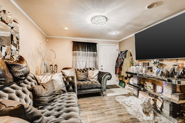 living room with ornamental molding and light hardwood / wood-style flooring