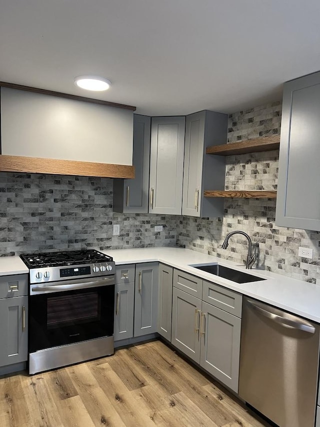 kitchen featuring gray cabinets, sink, and appliances with stainless steel finishes