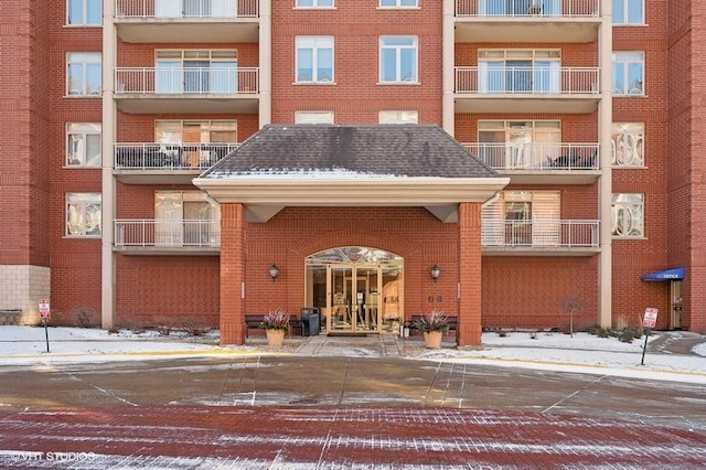 view of snow covered building