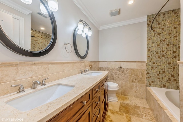 full bathroom with shower / bathtub combination, vanity, crown molding, tile walls, and toilet