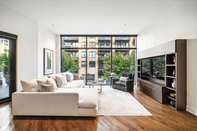 living room featuring a wall of windows and wood-type flooring