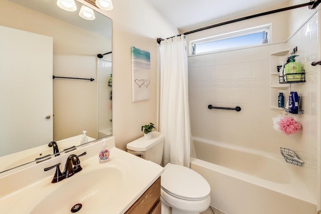 full bathroom with toilet, vanity, and shower / tub combo with curtain