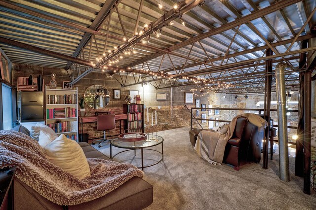 interior space with lofted ceiling with beams