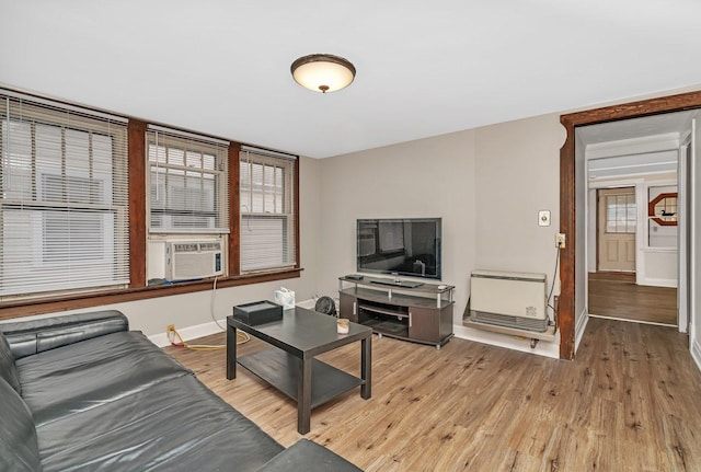 living room featuring light wood-type flooring, heating unit, and cooling unit