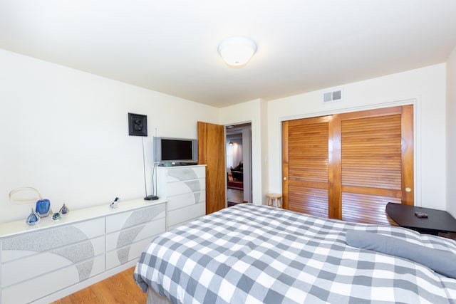 bedroom featuring wood-type flooring and a closet