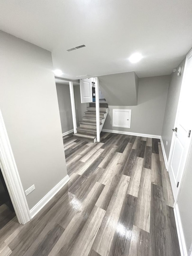 basement featuring dark hardwood / wood-style floors