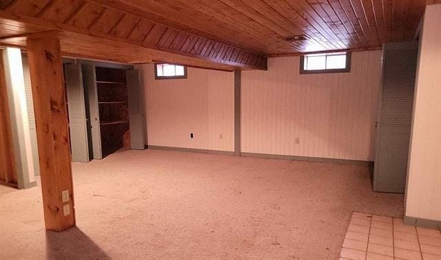 basement featuring wooden ceiling