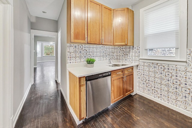 kitchen with dishwasher, sink, backsplash, and dark hardwood / wood-style flooring