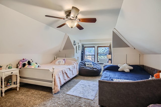 bedroom featuring carpet flooring, ceiling fan, and lofted ceiling