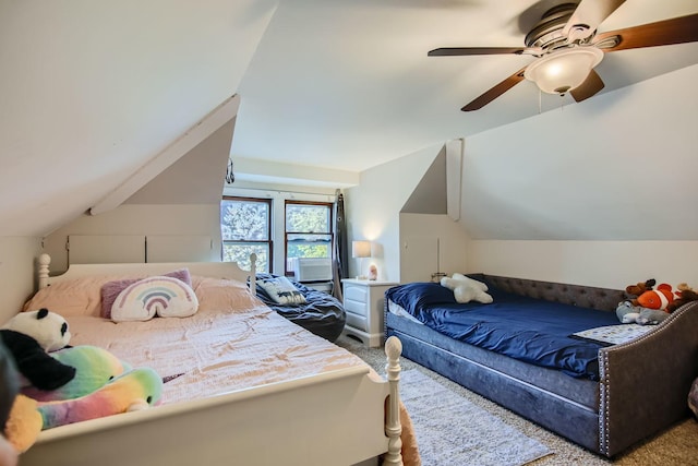 bedroom with ceiling fan and vaulted ceiling