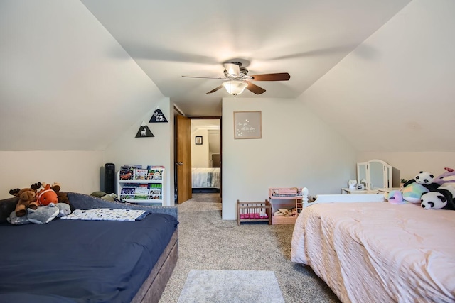 bedroom featuring ceiling fan, light carpet, and vaulted ceiling