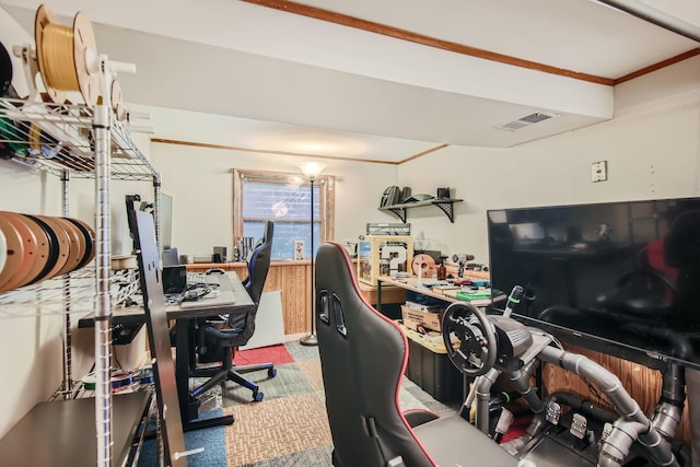 carpeted office space featuring ornamental molding