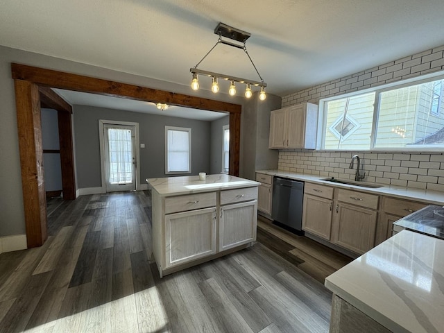 kitchen with pendant lighting, backsplash, dark wood-type flooring, sink, and stainless steel dishwasher