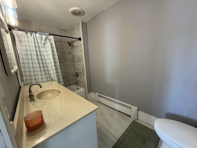 full bathroom featuring shower / tub combo with curtain, toilet, sink, and a baseboard radiator