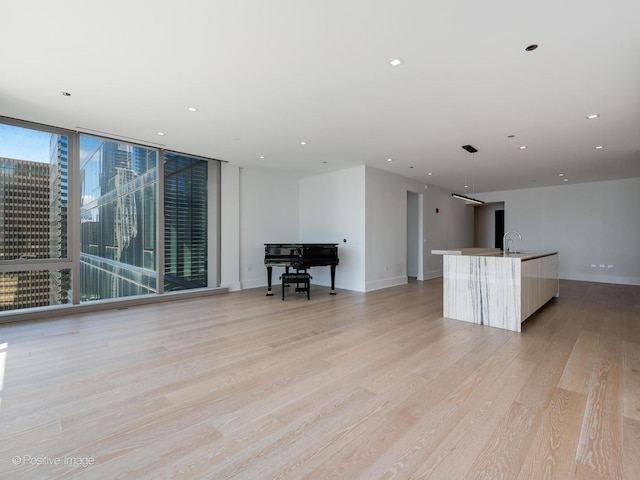 unfurnished living room featuring a wall of windows, light hardwood / wood-style flooring, and sink