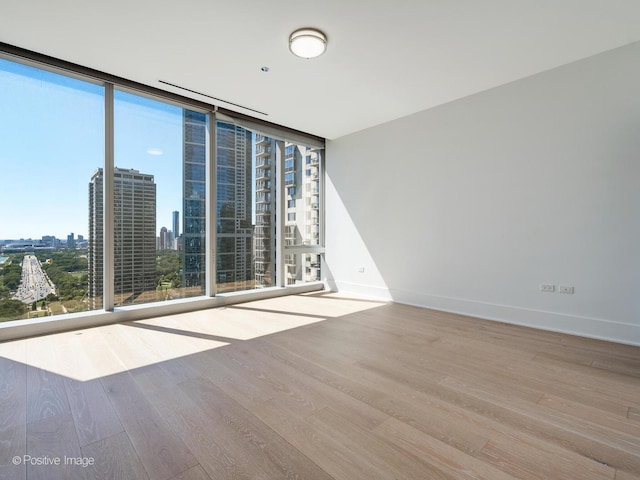 spare room with light hardwood / wood-style floors and a wall of windows