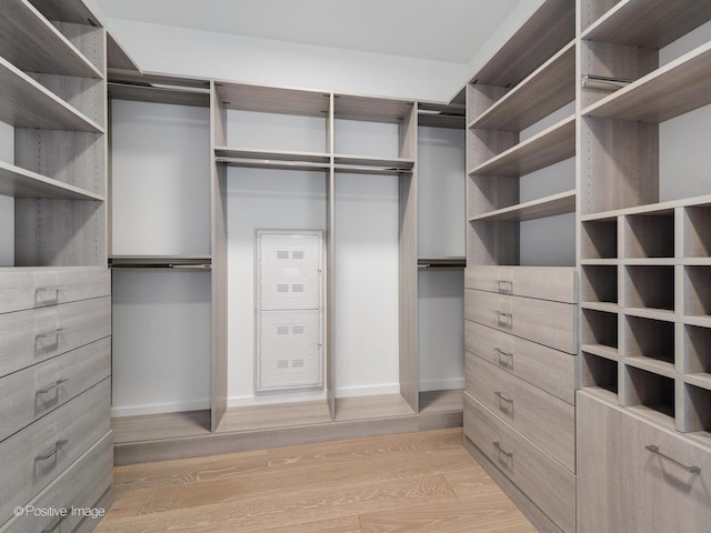 spacious closet with light hardwood / wood-style flooring