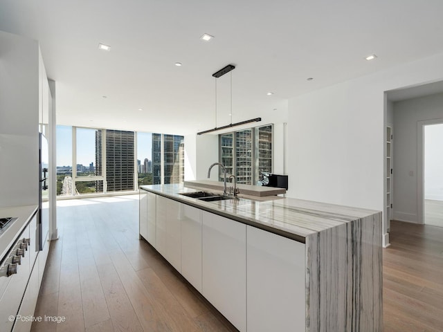 kitchen featuring floor to ceiling windows, wood-type flooring, white cabinets, hanging light fixtures, and an island with sink