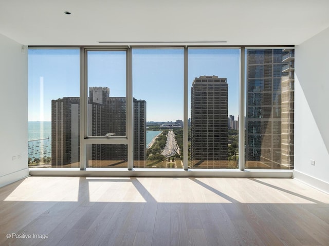 unfurnished room with wood-type flooring, a water view, and a wall of windows