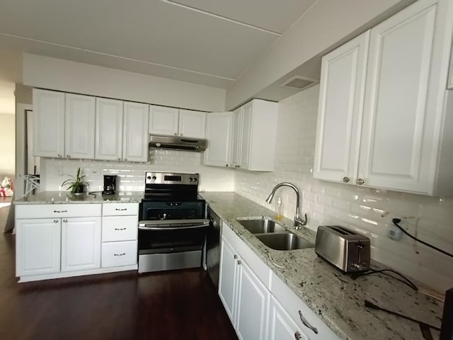 kitchen with appliances with stainless steel finishes, backsplash, white cabinetry, and sink