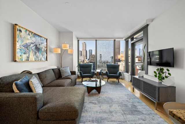 living room with a wall of windows and hardwood / wood-style flooring