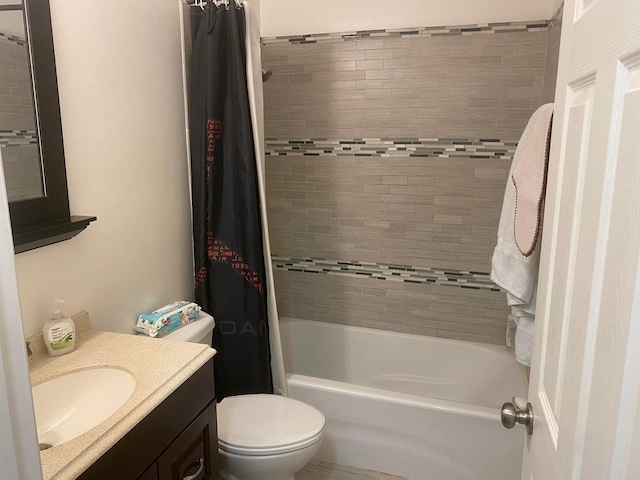 full bathroom with vanity, toilet, and shower / bathtub combination with curtain