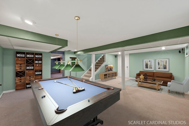 game room with carpet flooring and billiards