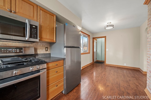 kitchen featuring dark hardwood / wood-style floors, appliances with stainless steel finishes, and tasteful backsplash