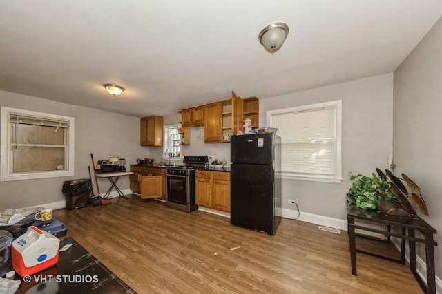 kitchen featuring light hardwood / wood-style floors and black appliances