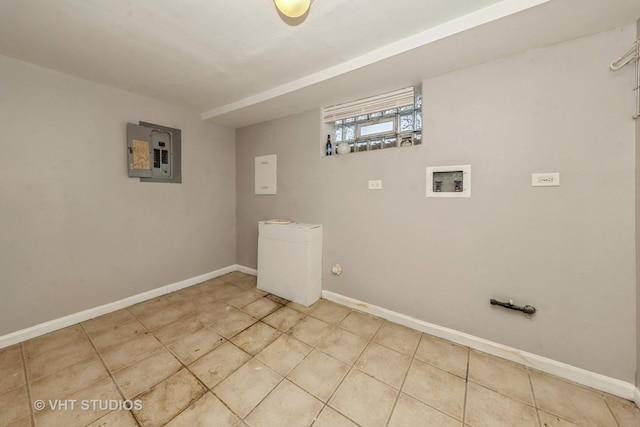 laundry area with tile patterned flooring, hookup for a washing machine, and electric panel