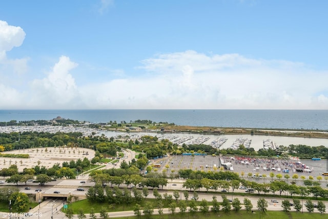 drone / aerial view with a water view