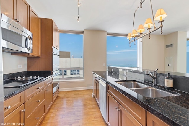 kitchen with appliances with stainless steel finishes, plenty of natural light, pendant lighting, and sink