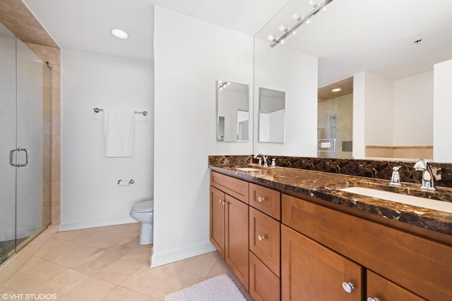 bathroom with tile patterned floors, vanity, toilet, and walk in shower