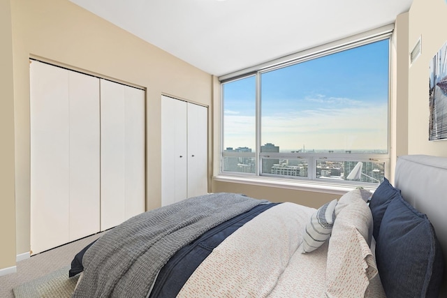 carpeted bedroom with multiple closets