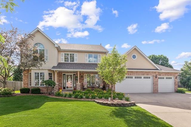 view of front of house featuring a garage, concrete driveway, fence, a front yard, and brick siding