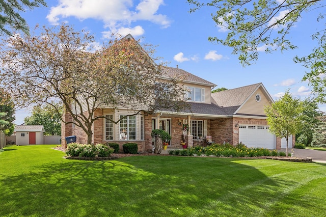 view of front facade with brick siding, roof with shingles, an attached garage, driveway, and a front lawn