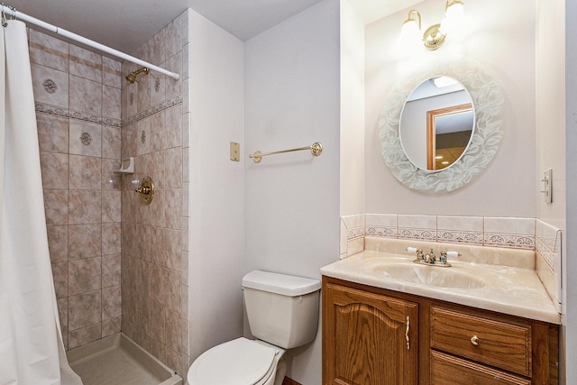 bathroom with decorative backsplash, a shower with curtain, vanity, and toilet