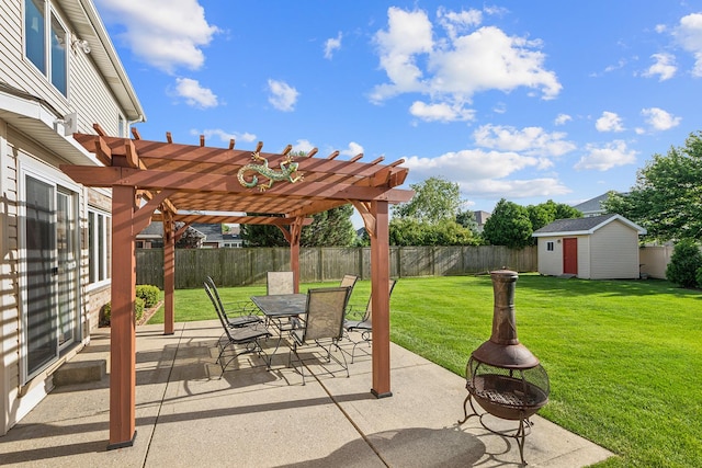 view of patio / terrace with a pergola, a shed, a fenced backyard, an outdoor structure, and a fire pit