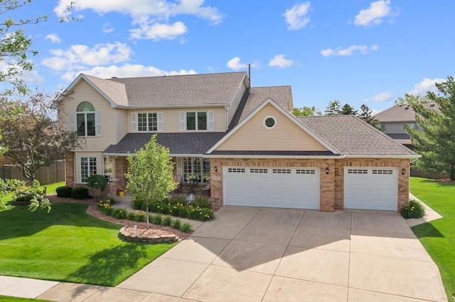 view of front of home with a garage, brick siding, and a front yard