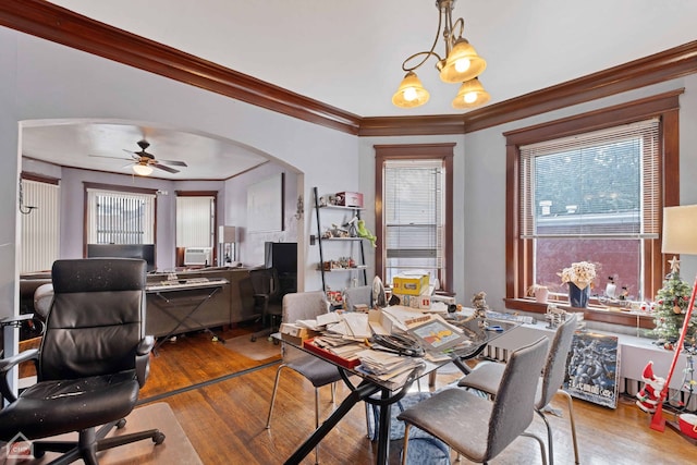 dining room featuring a healthy amount of sunlight, light hardwood / wood-style floors, ceiling fan with notable chandelier, and ornamental molding