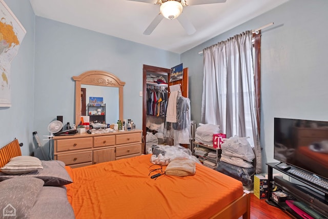 bedroom featuring ceiling fan, a closet, and light wood-type flooring