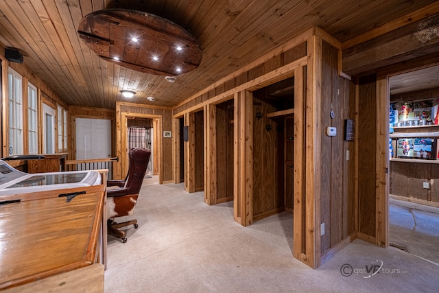 office featuring wood walls and wood ceiling