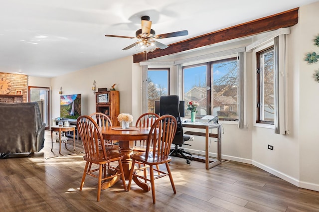 dining space with plenty of natural light, dark wood-type flooring, and ceiling fan