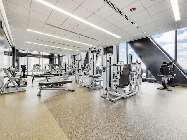 exercise room featuring floor to ceiling windows