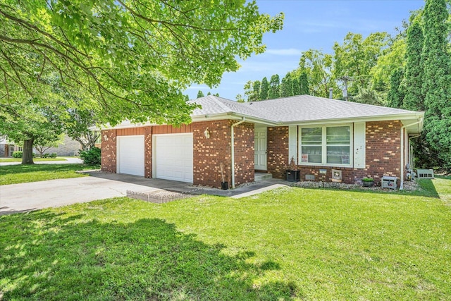 ranch-style home featuring concrete driveway, a front lawn, a shingled roof, and brick siding