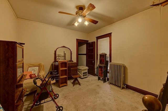 miscellaneous room with light carpet, radiator, and ceiling fan