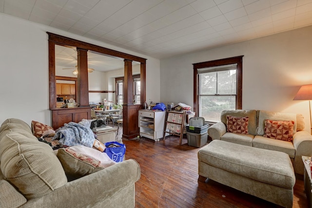 living room featuring decorative columns and dark wood-type flooring