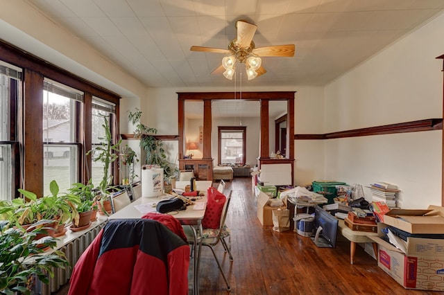 dining space featuring ceiling fan and dark wood-type flooring