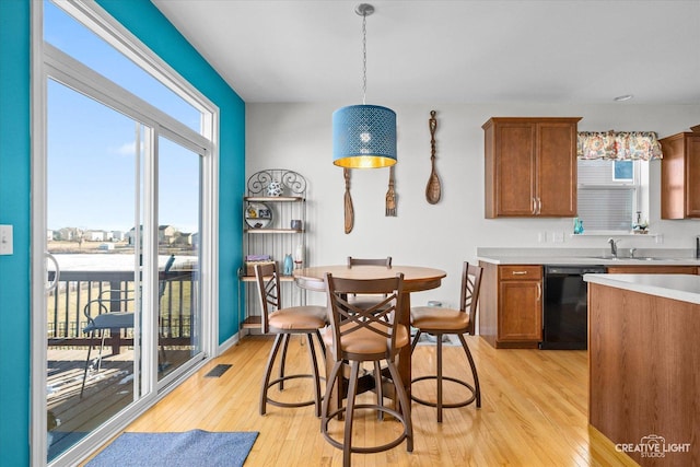 kitchen featuring pendant lighting, black dishwasher, light hardwood / wood-style flooring, and sink